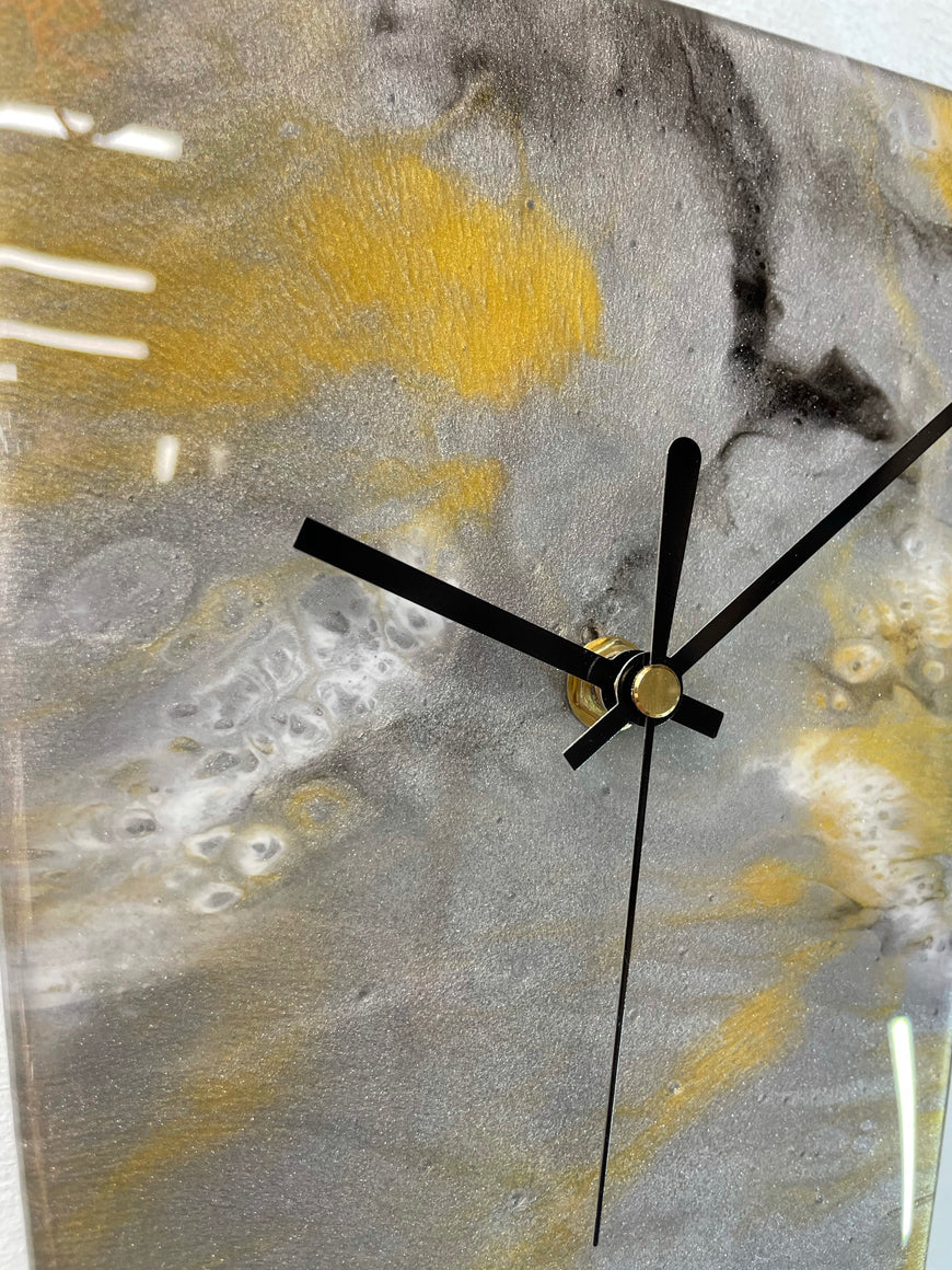 Narrow Metallic Silver Black Gold and White Abstract Resin Wall Clock