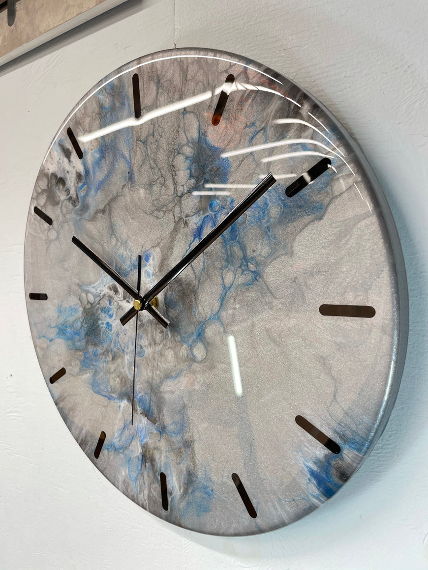 33cm Metallic Silver Blue and Black Abstract Modern Resin Wall Clock