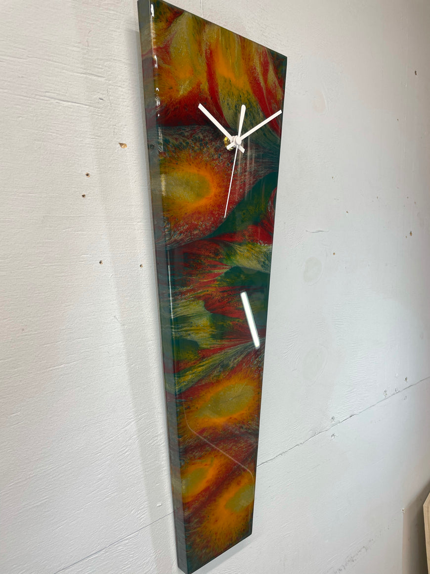 Narrow Dark Green Antique Gold and Maroon Abstract Resin Wall Clock