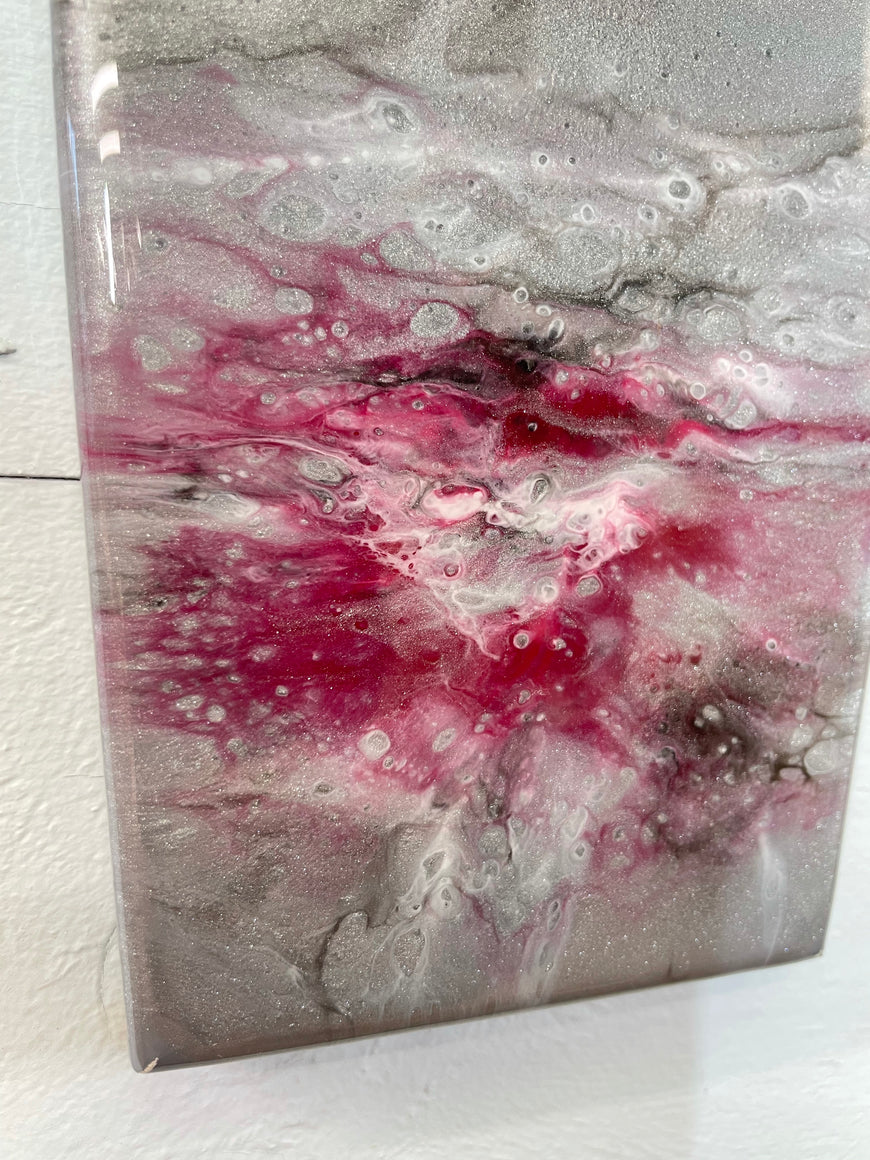 Narrow Silver and Blood Red Abstract Resin Wall Clock
