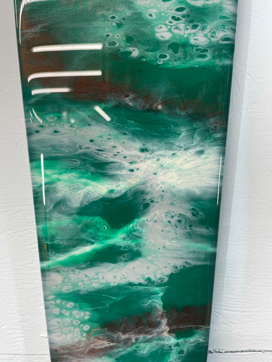 Narrow Emerald Green Copper and Grey Abstract Resin Wall Clock