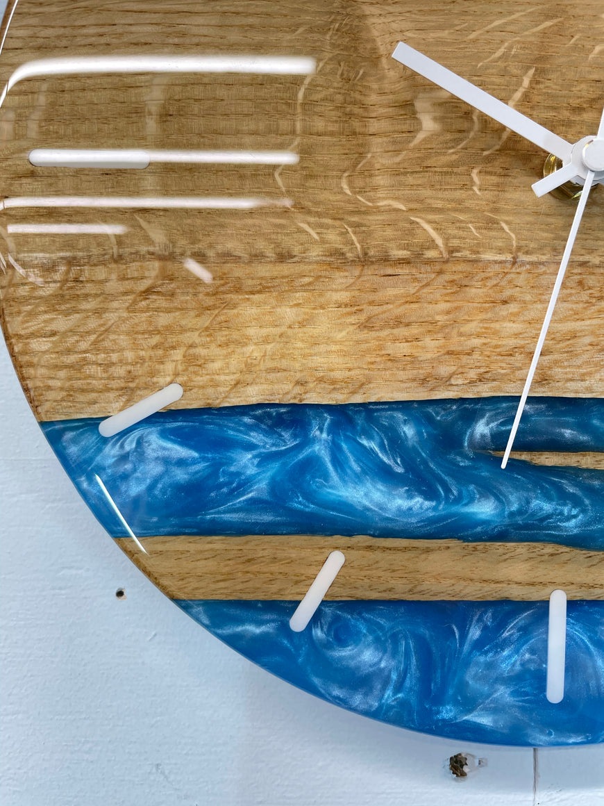 English Oak and Sky Blue Pearlescent Resin Wall Clock