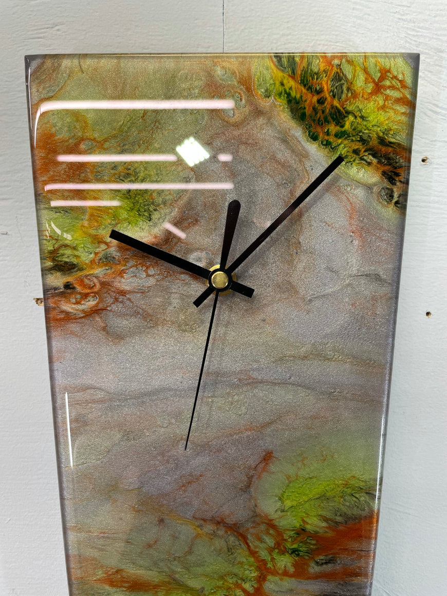 Narrow Metallic Silver Copper and Lime Green Abstract Resin Wall Clock