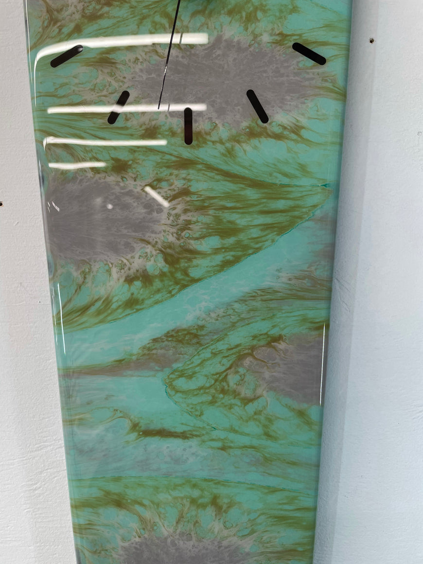 70cm Long Narrow Teal Grey and Green Abstract Resin Wall Clock