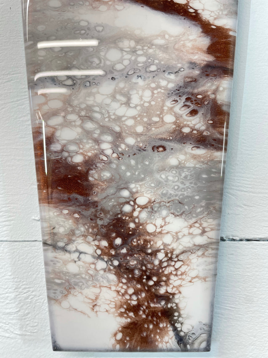 Narrow Grey White and Copper Abstract Resin Wall Clock