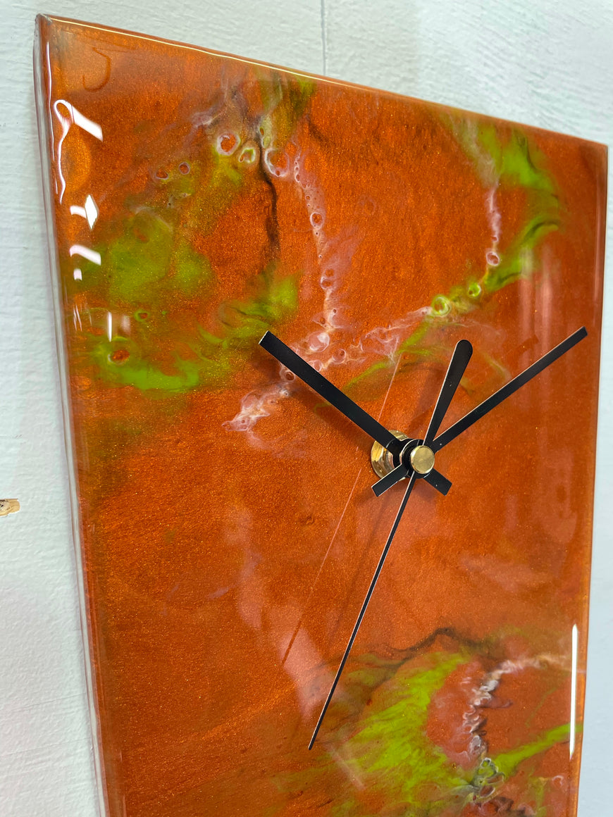 Narrow Copper and Moss Green Abstract Resin Wall Clock