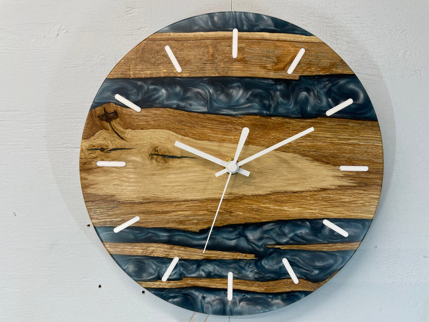 English Oak and Metallic Blue Pearlescent Resin Wall Clock