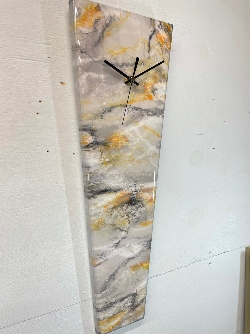 Narrow Grey Burnt Orange Black and White Abstract Resin Wall Clock