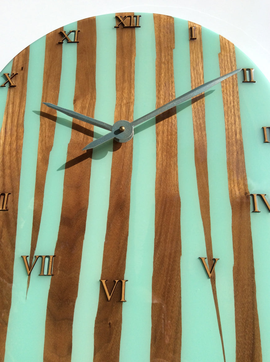 Large Wall Clock, Bespoke Clock, American Black Walnut and Mint Green Resin Clock