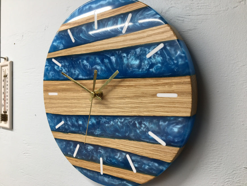 Sky Blue Pearlescent Resin and Red Oak Wall Clock