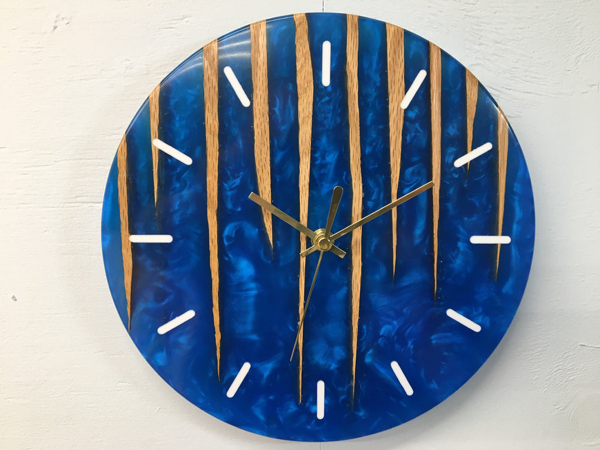 Sapphire Blue Pearlescent Resin and Red Oak Wall Clock