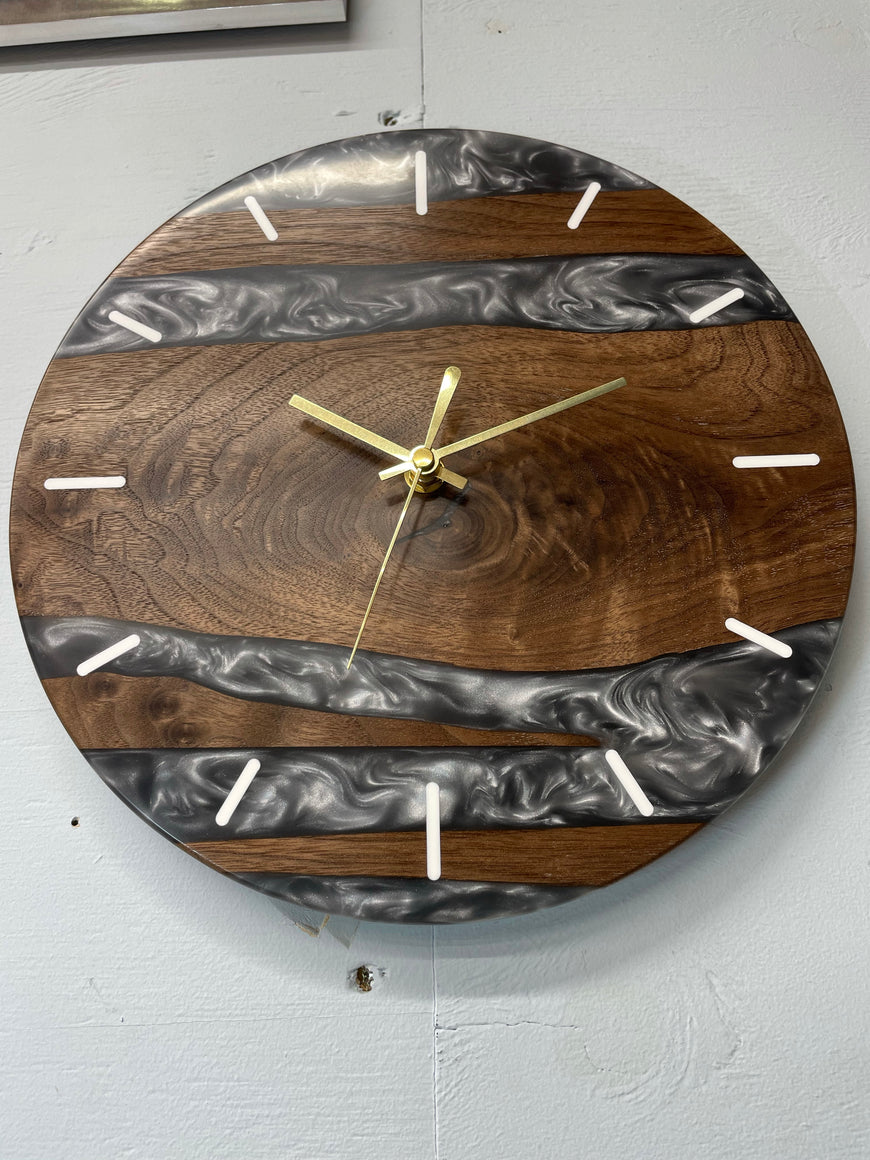 Black Walnut and Metallic Silver Resin Wall Clock