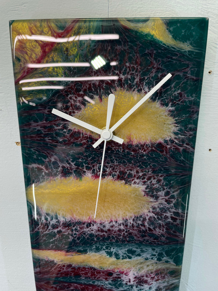 Narrow Emerald Green maroon Gold and White Abstract Resin Wall Clock