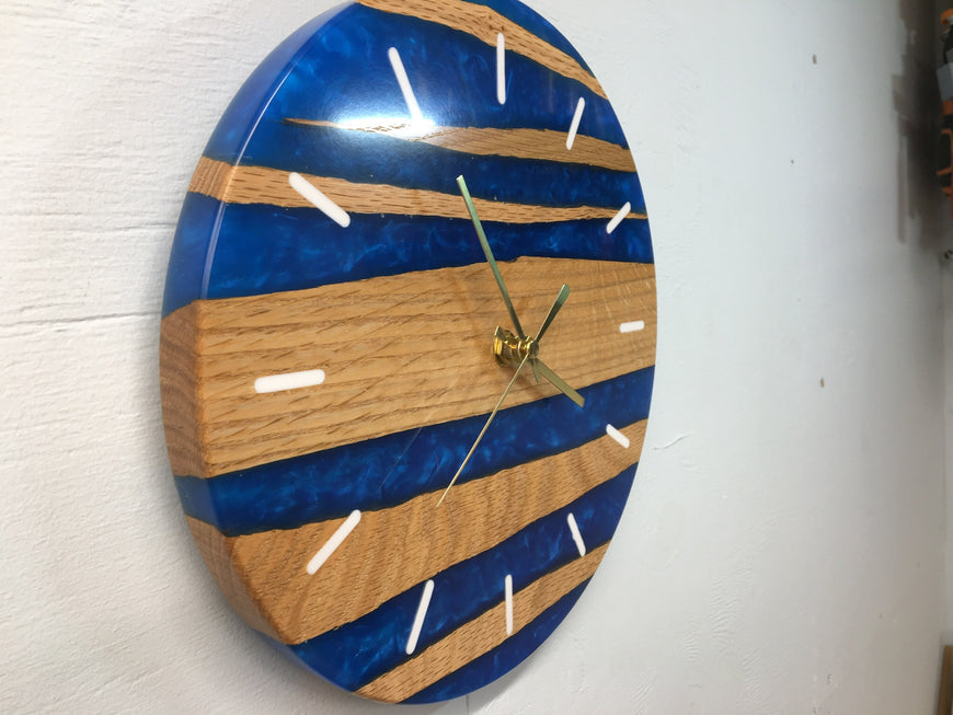 Sapphire Blue Pearlescent Resin and Red Oak Wall Clock 