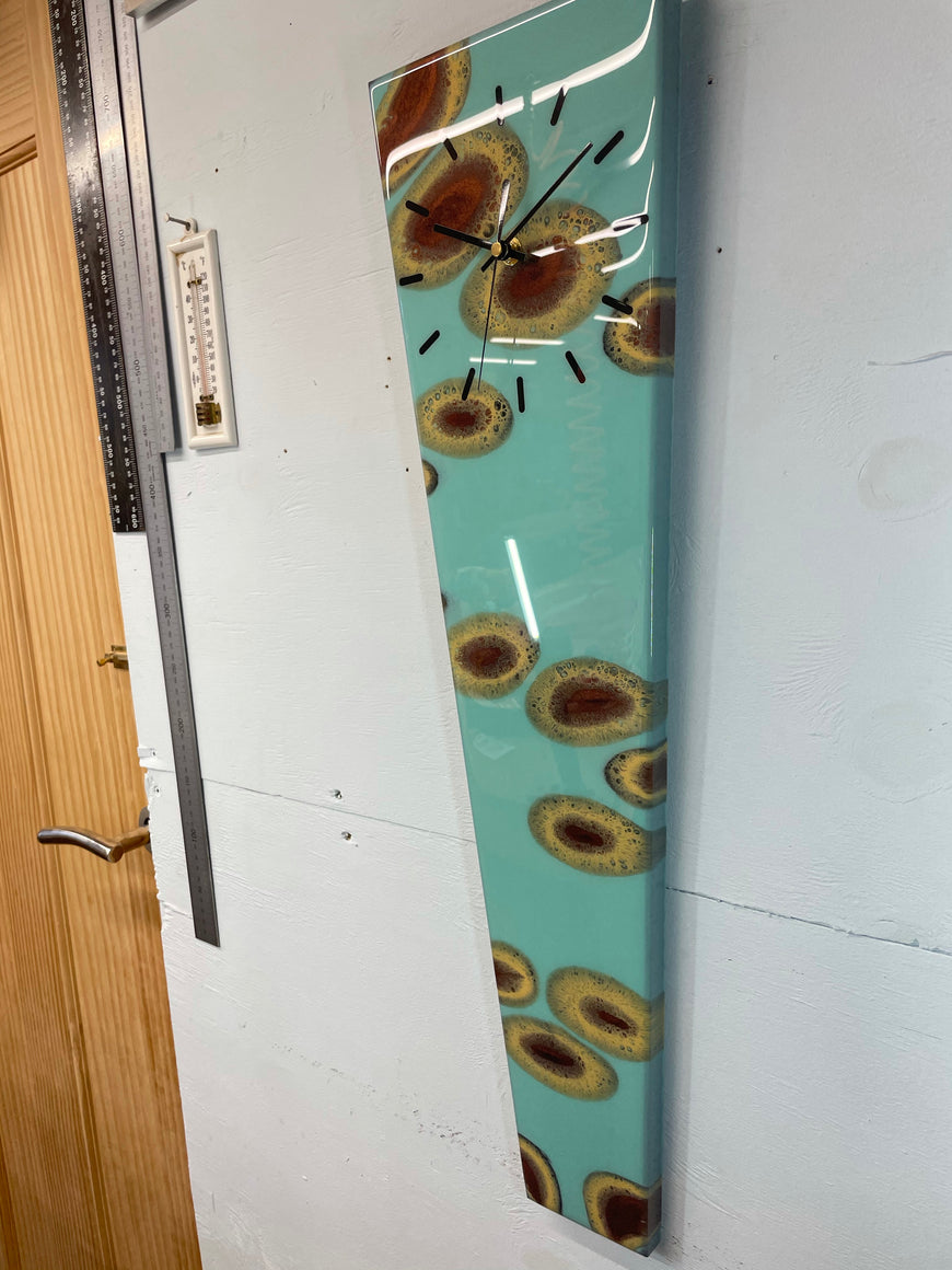 70cm Long Narrow Teal and Copper Abstract Resin Wall Clock