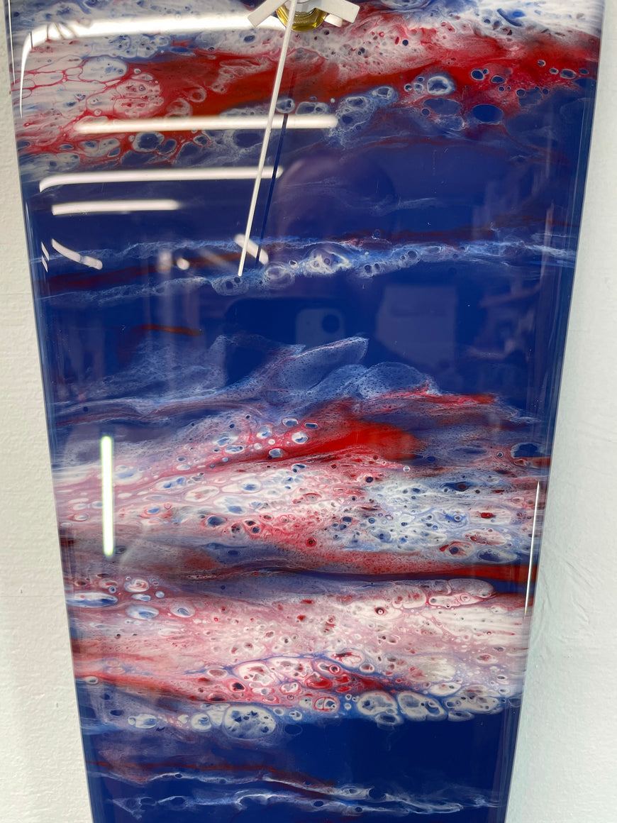 Narrow Navy Blue Blood Red and White Abstract Resin Wall Clock