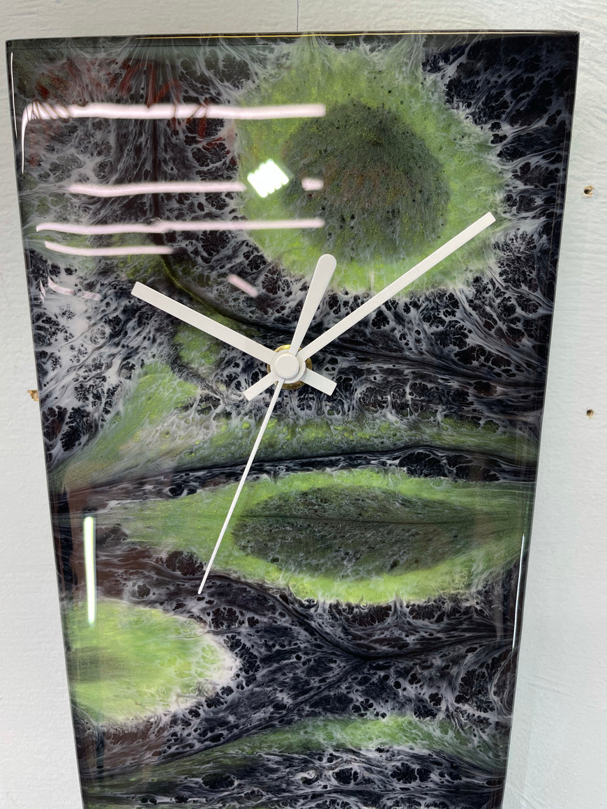 Narrow Black Green and White Abstract Resin Wall Clock, Long Modern Wall Clock