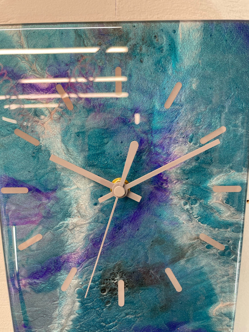 70cm Long Narrow Turquoise Purple and Silver Abstract Resin Wall Clock