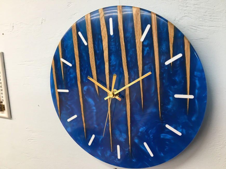 Sapphire Blue Pearlescent Resin and Red Oak Wall Clock