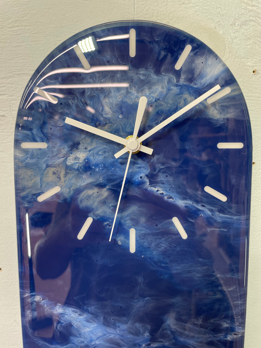 Narrow Navy Blue White Grey and Copper Abstract Resin Wall Clock