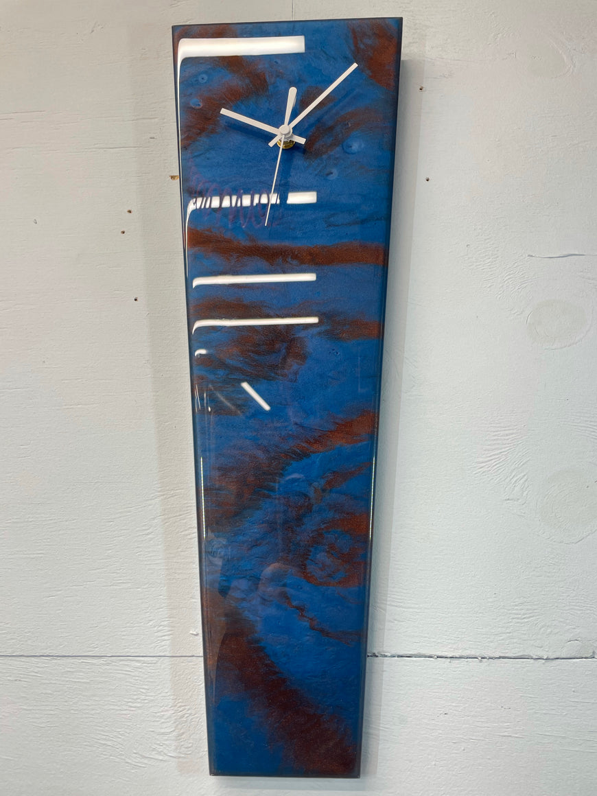 Narrow Metallic Blue Copper and Black Abstract Resin Wall Clock