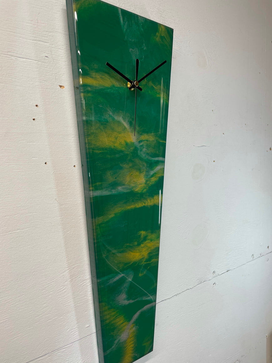 Narrow Dark Green Silver and Gold Abstract Resin Wall Clock