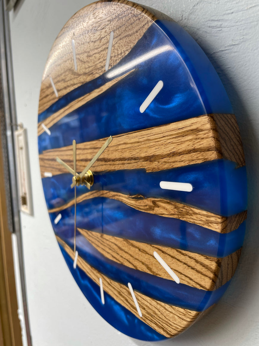 Zebra wood and Sapphire Blue Pearlescent Resin Wall Clock