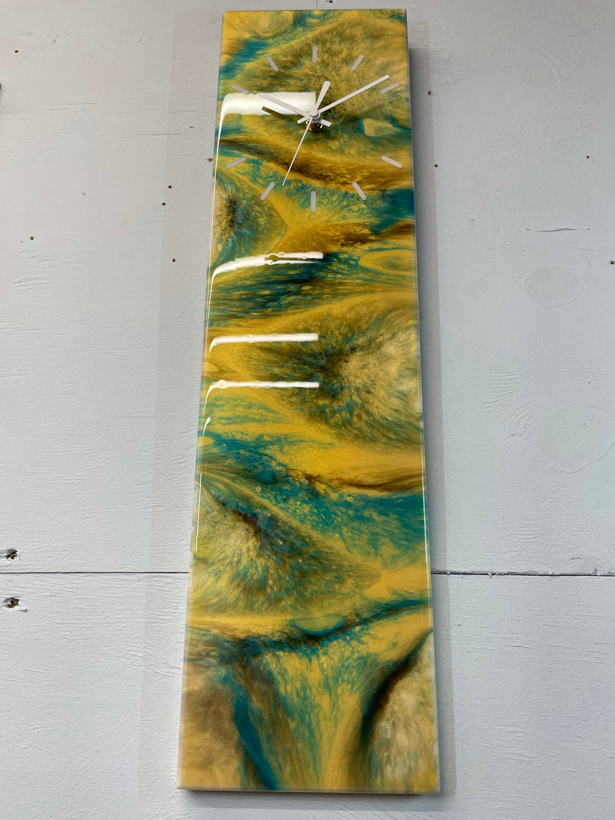 Teal and Gold Abstract Resin Wall Clock