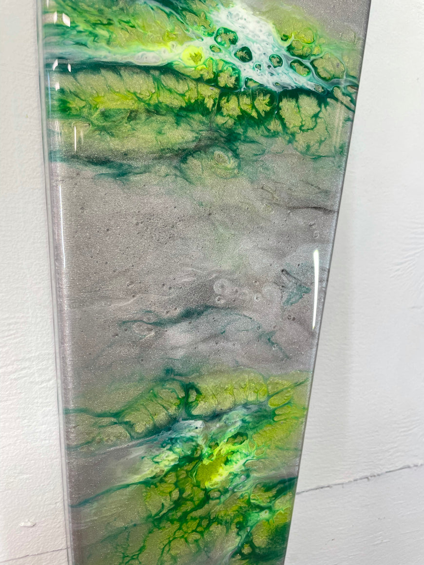 Narrow Metallic Silver and Green Abstract Resin Wall Clock