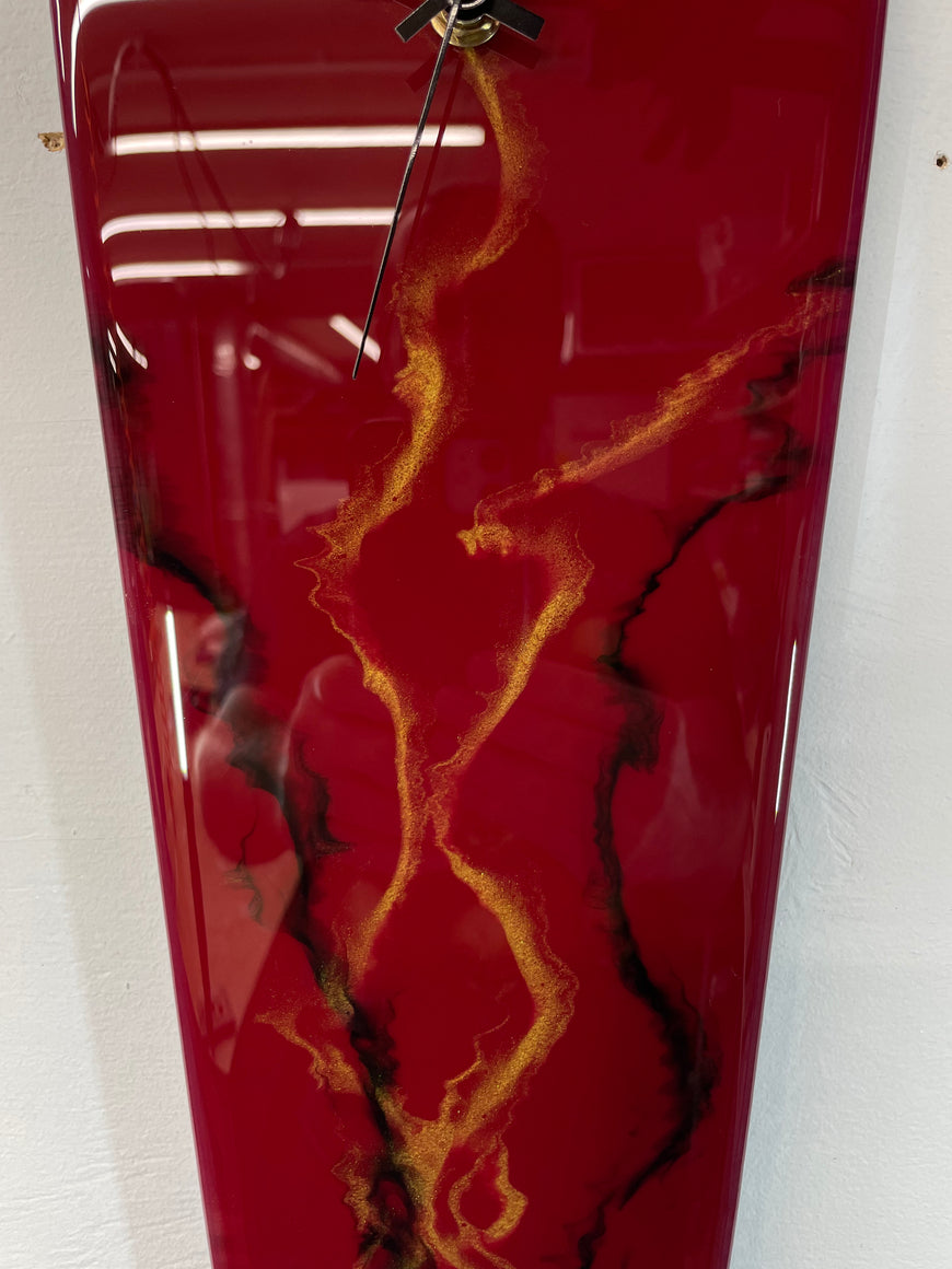 Narrow Dark Red Maroon Black and Gold Abstract Resin Wall Clock