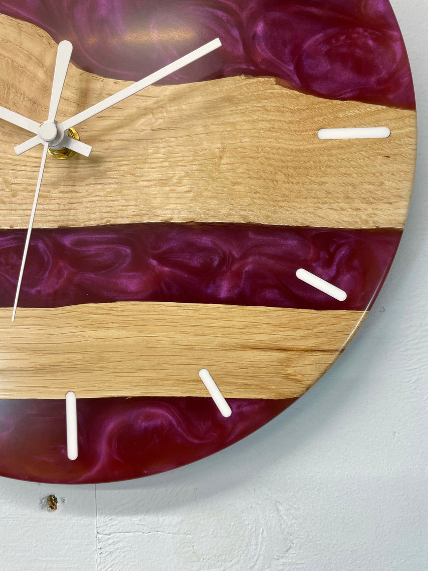 English Oak and Pearlescent Magenta Resin Wall Clock