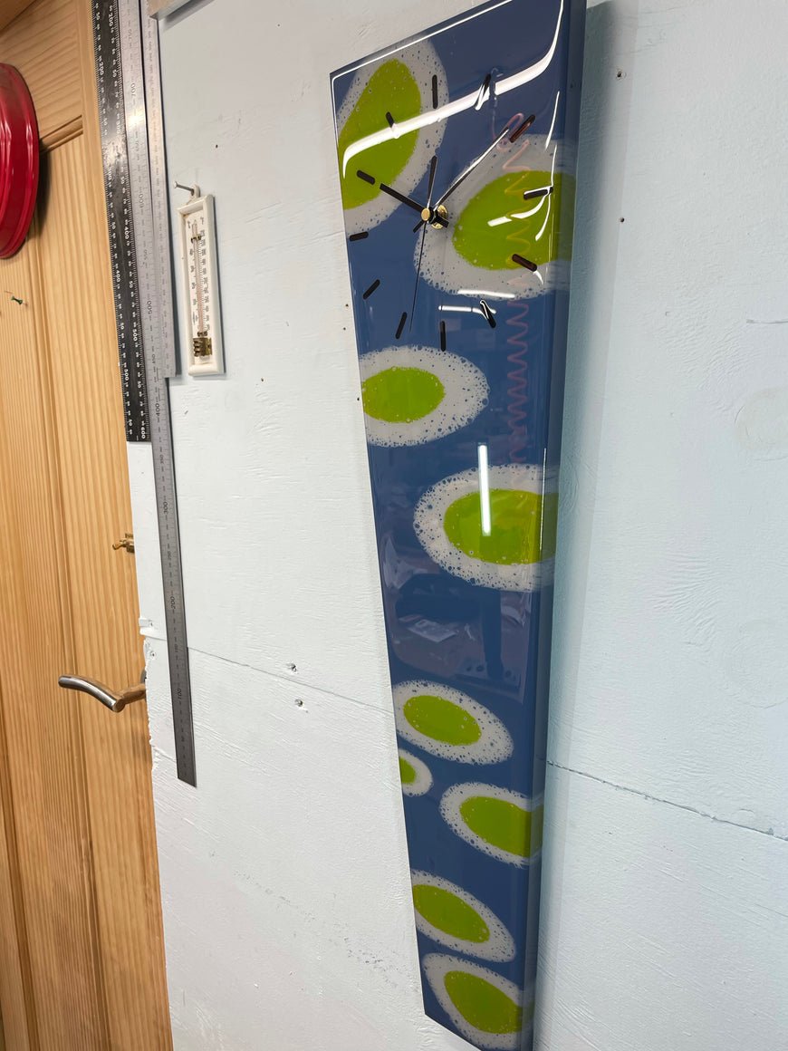 70cm Long Narrow Blue/Grey and Moss Green Abstract Resin Wall Clock