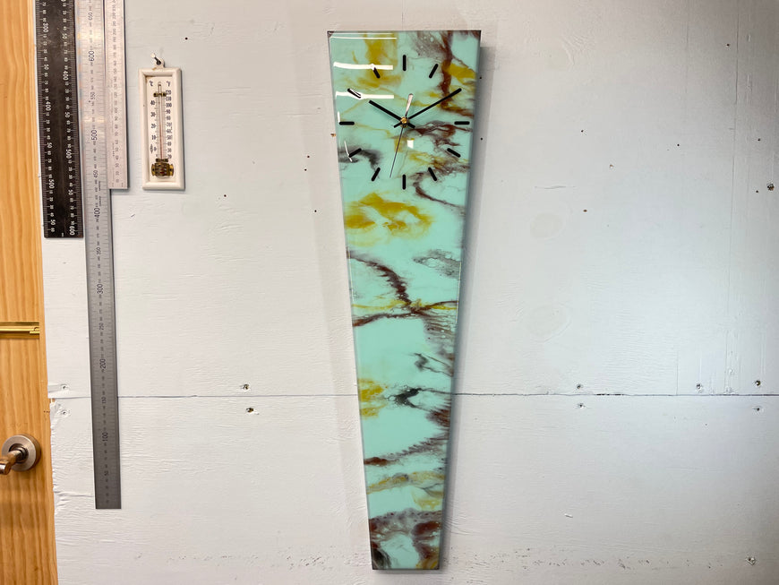 70cm Long Narrow Mint Green and Brown Abstract Resin Wall Clock