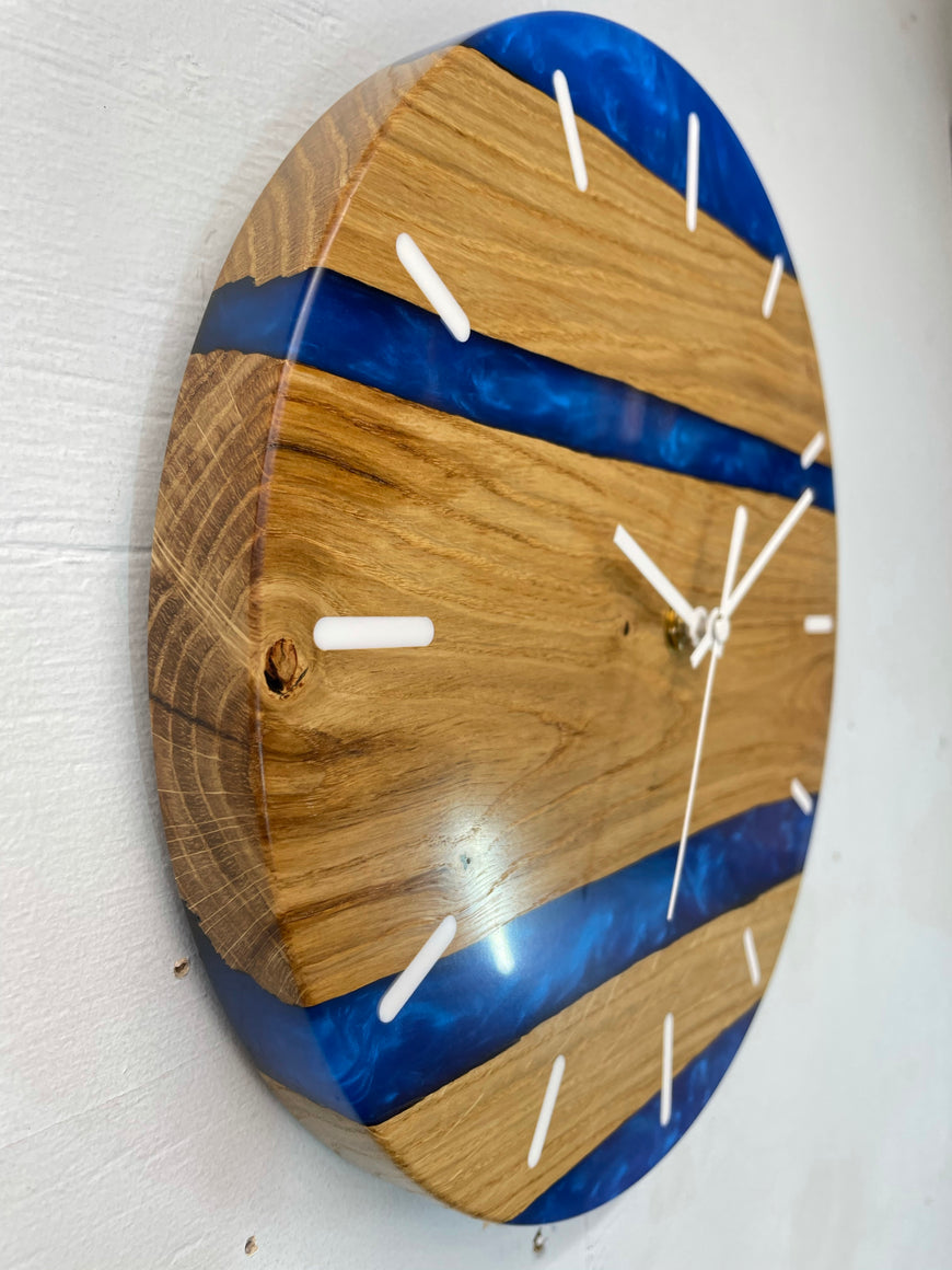 English Oak and Sapphire Blue Pearlescent Resin Wall Clock