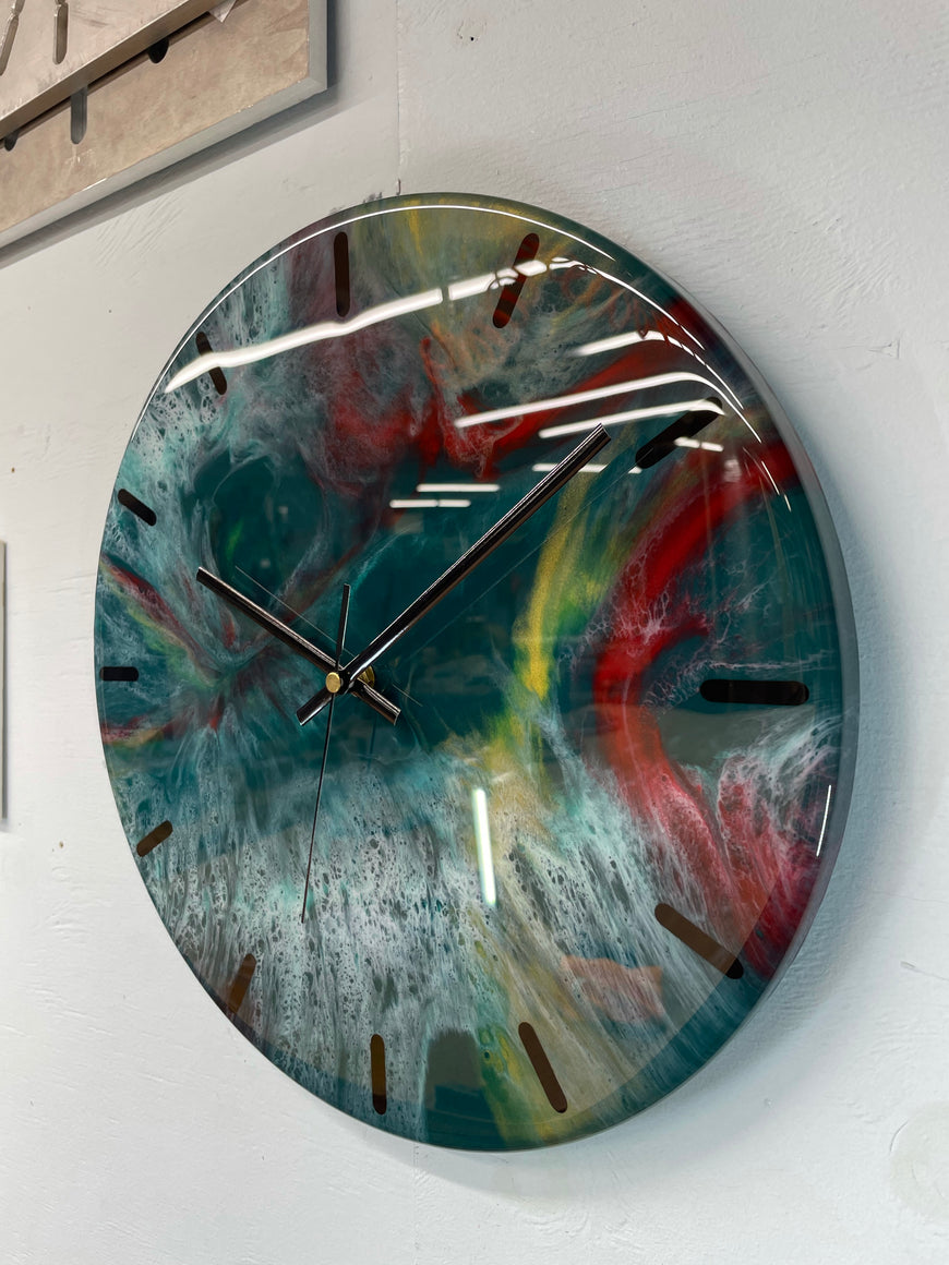 33cm Dark Green Maroon and Gold Abstract Modern Resin Wall Clock