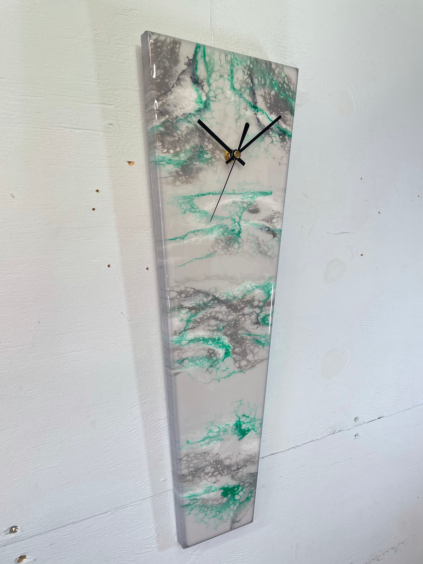 Long Grey Emerald Green and Black Abstract Resin Wall Clock
