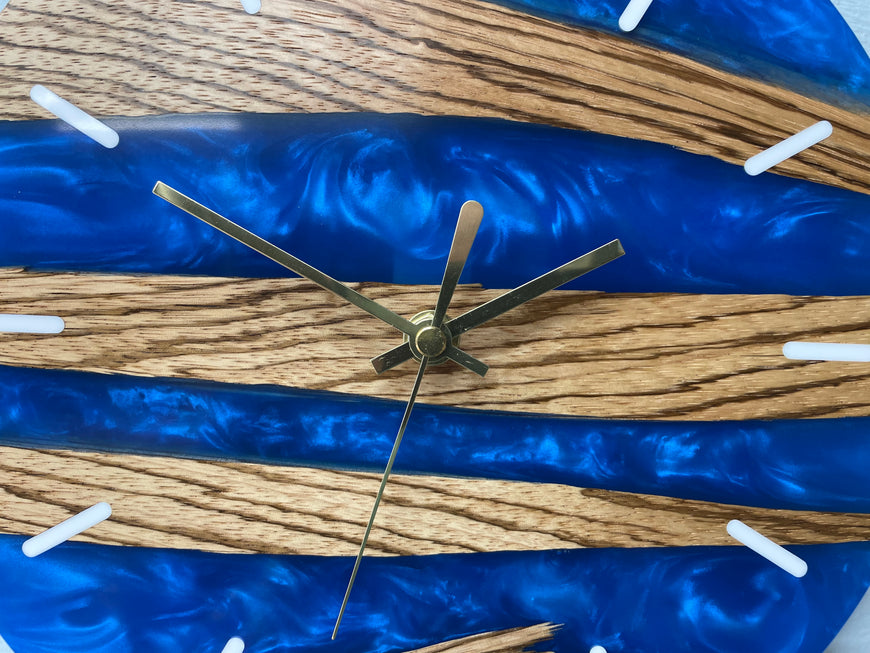 Zebra wood and Sapphire Blue Pearlescent Resin Wall Clock 