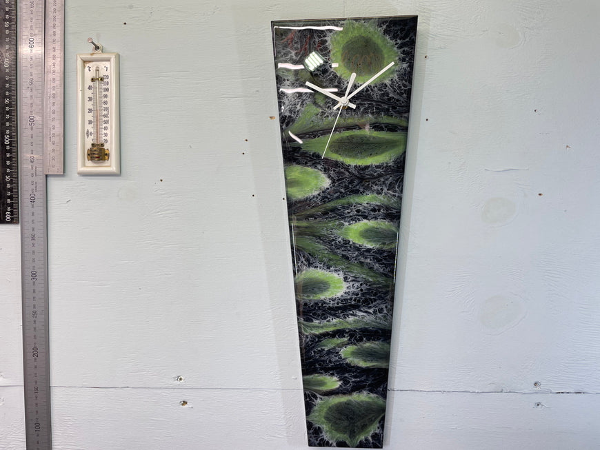 Narrow Black Green and White Abstract Resin Wall Clock, Long Modern Wall Clock