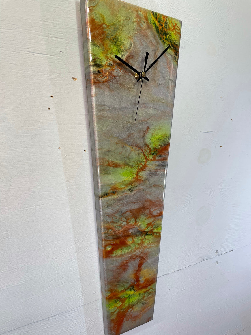 Narrow Metallic Silver Copper and Lime Green Abstract Resin Wall Clock