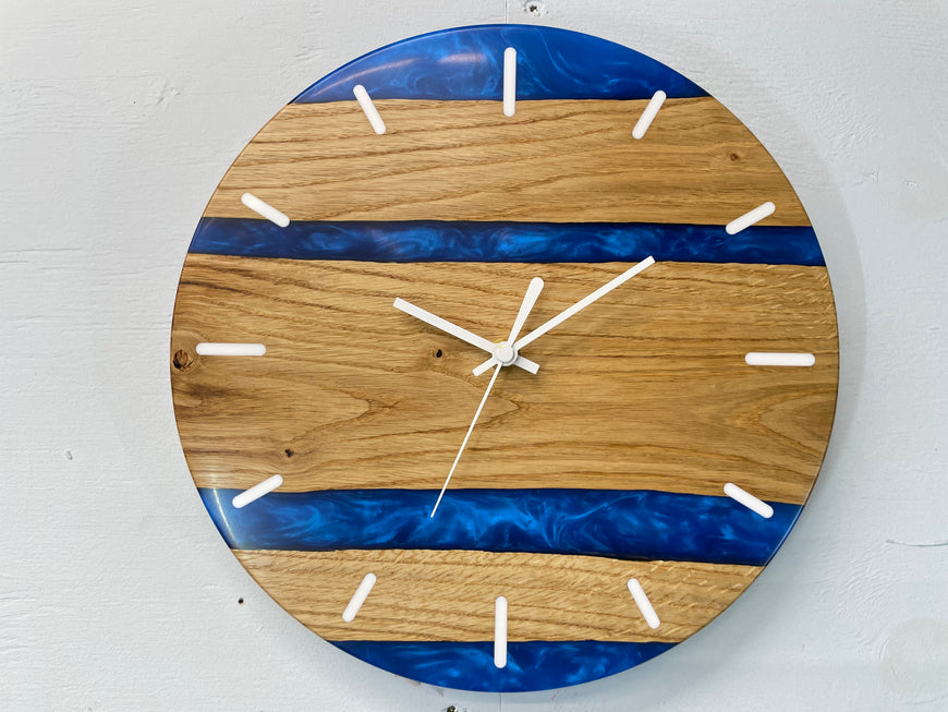 English Oak and Sapphire Blue Pearlescent Resin Wall Clock