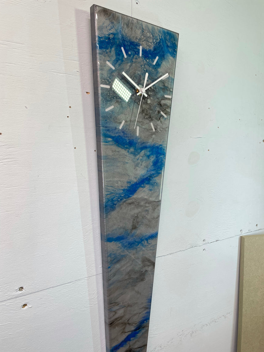 70cm Long Narrow Metallic Silver Blue and Black Abstract Resin Wall Clock