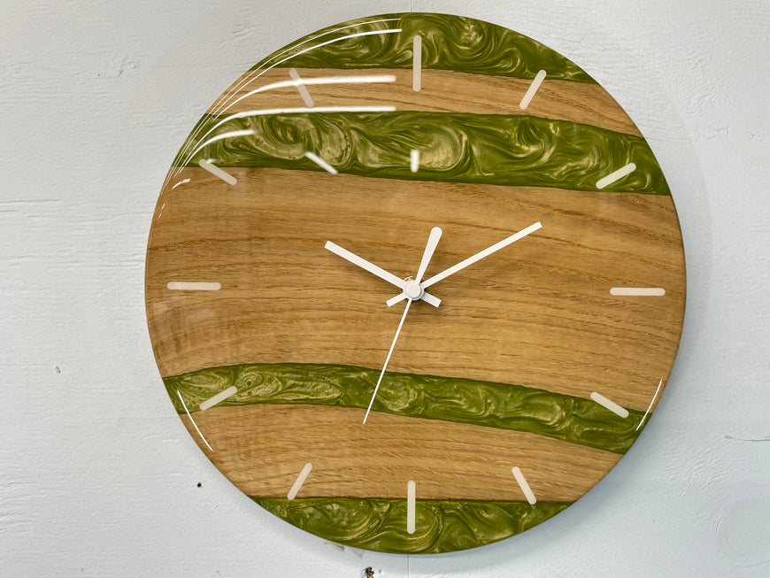 English Oak and Green Pearlescent Resin Wall Clock