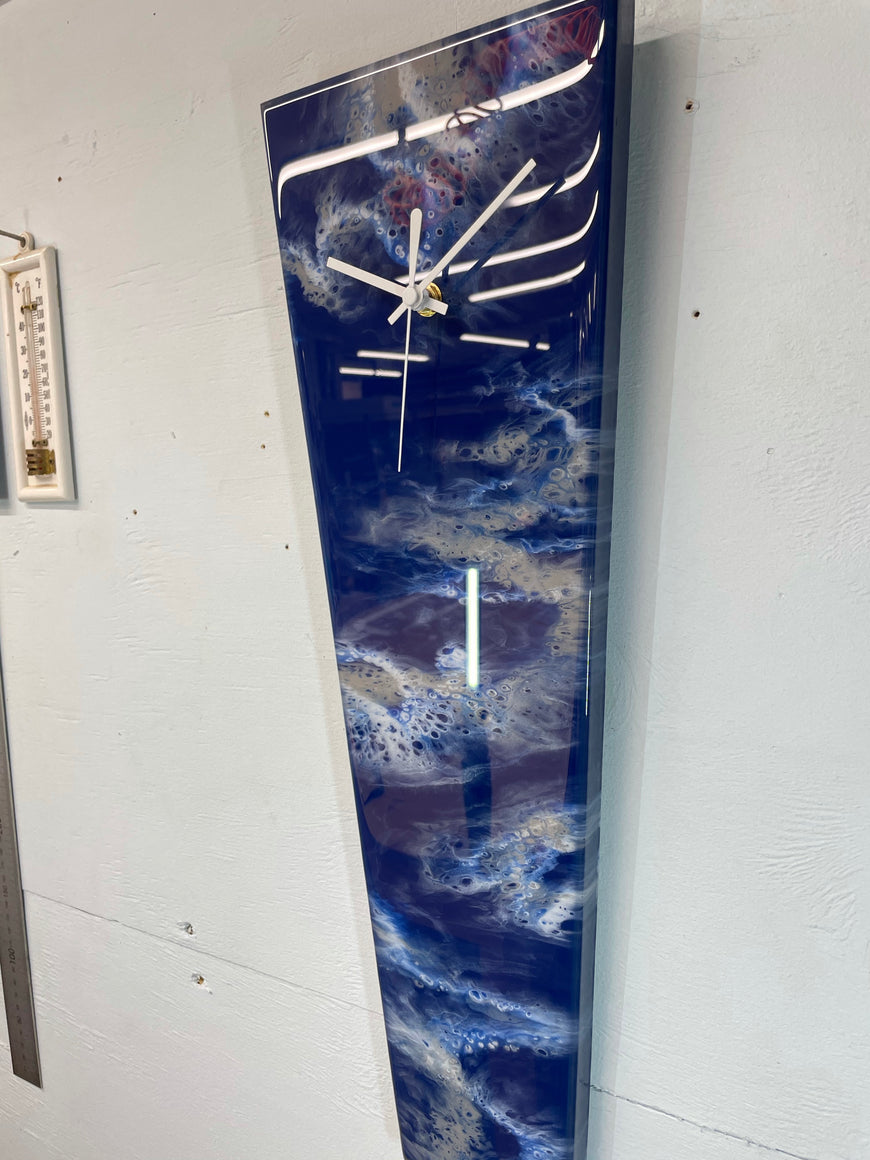 Narrow Navy Blue Grey and White Abstract Resin Wall Clock