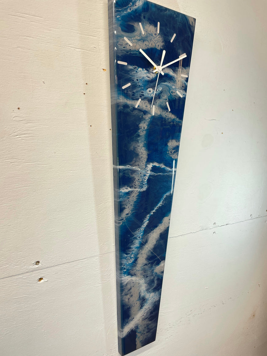 Long Narrow Navy Blue and Grey Abstract Resin Wall Clock