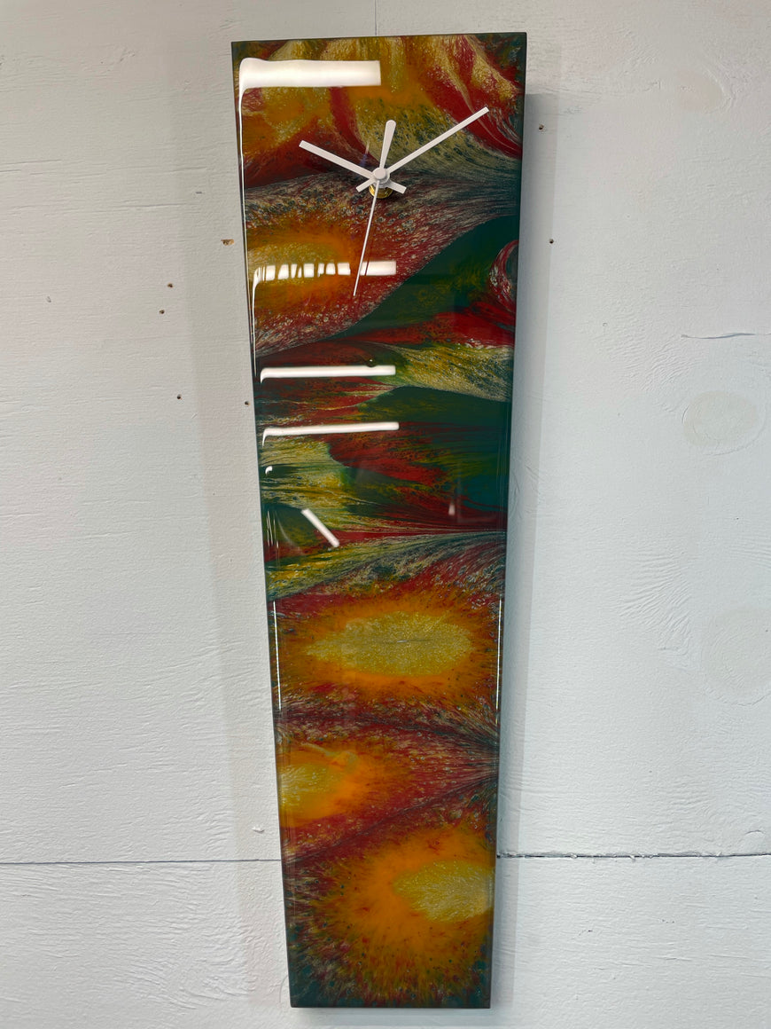 Narrow Dark Green Antique Gold and Maroon Abstract Resin Wall Clock
