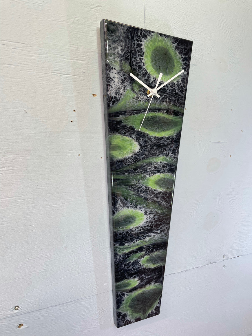 Narrow Black Green and White Abstract Resin Wall Clock, Long Modern Wall Clock
