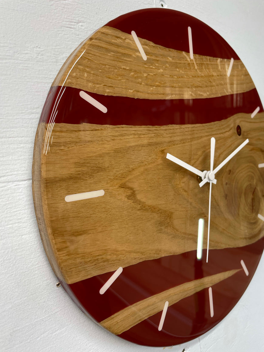 English Oak and Maroon Resin Wall Clock