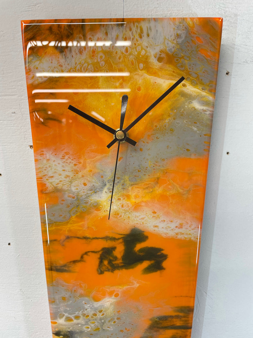 Narrow Burnt Orange Ivory Grey and Black Abstract Resin Wall Clock
