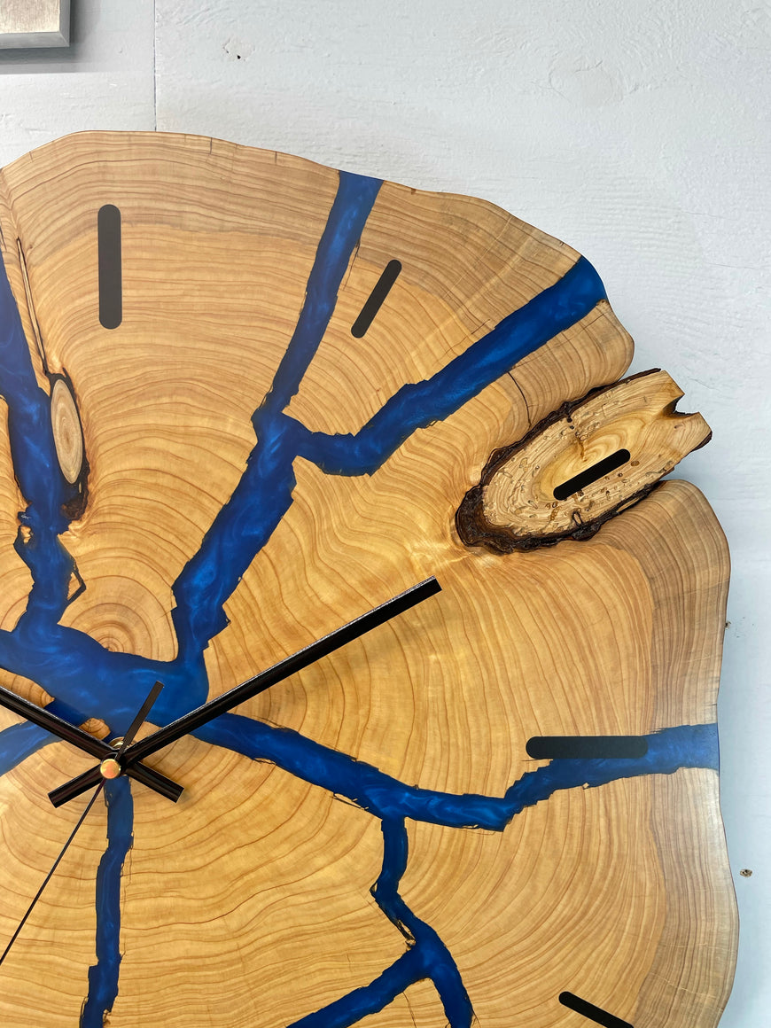 Large End Grain Wooden Wall Clock with Sapphire Blue Pearlescent Resin