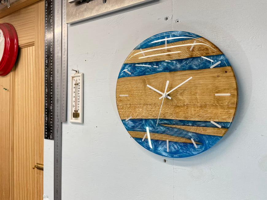 English Oak and Sky Blue Pearlescent Resin Wall Clock